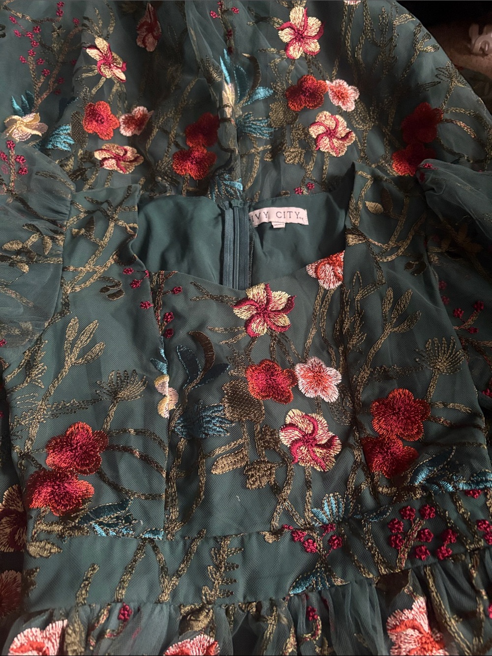 Ivy City Co Teal Floral Embroidered Dress